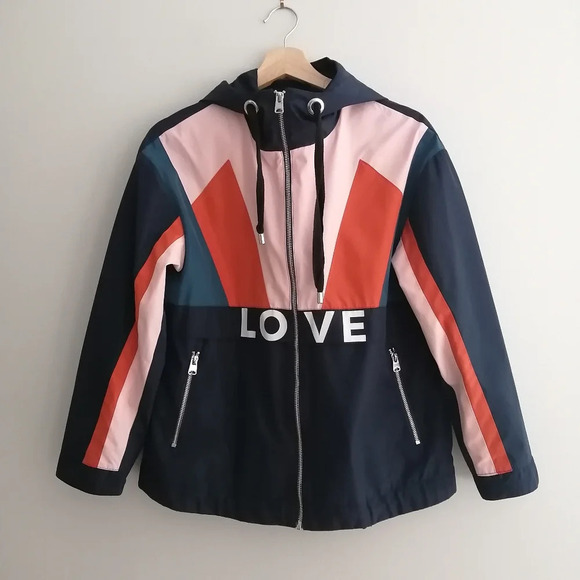 Maje Blima Colour Blocked Love Logo-Print Windproof Navy Zip Jacket 36 or Small - Picture 3 of 16